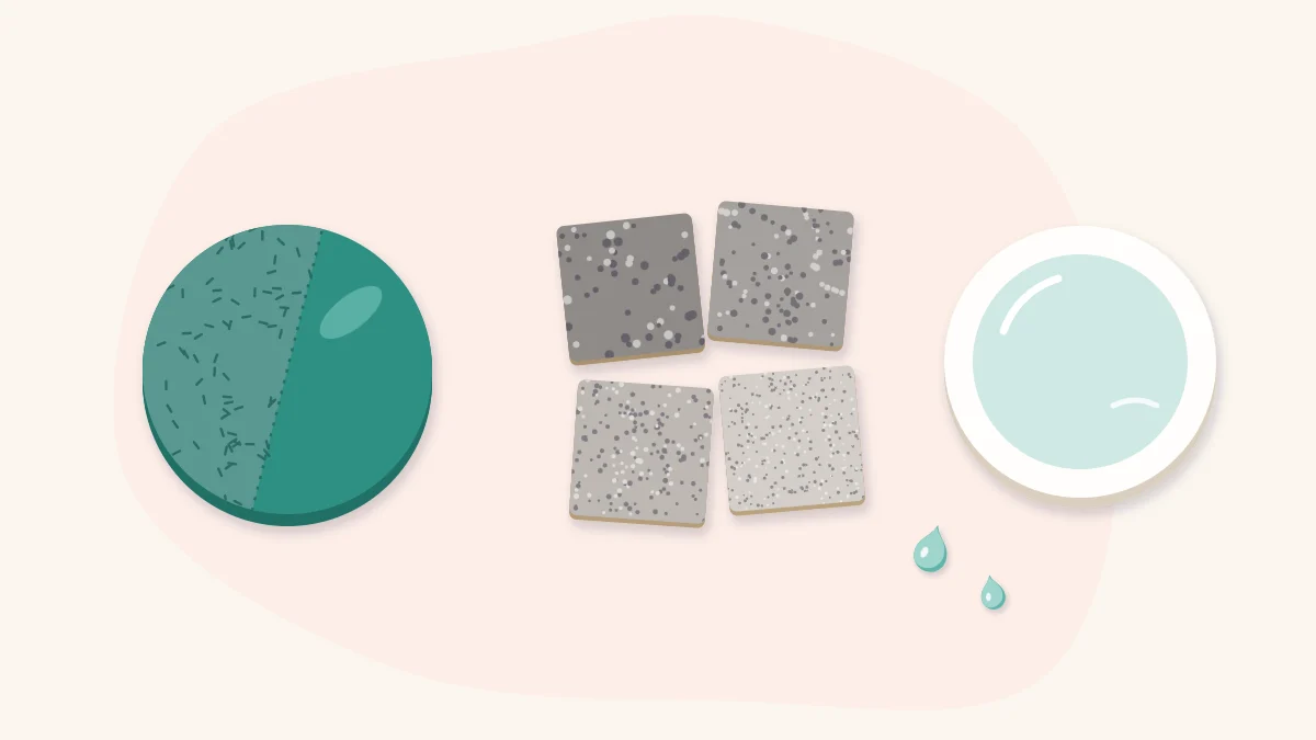 A clay disc half rough and half smooth beside four grades of sandpaper and a bowl of water