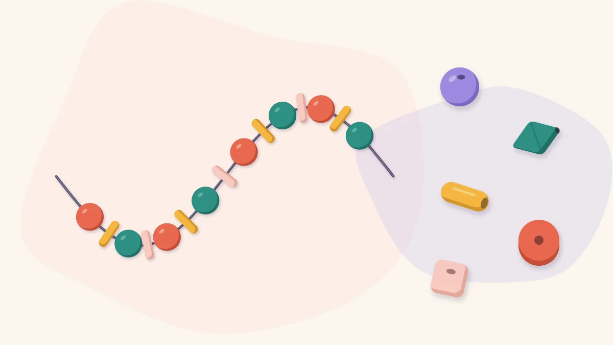 A strand of polymer clay beads on a cord with loose round, bicone, tube, disc and cube beads