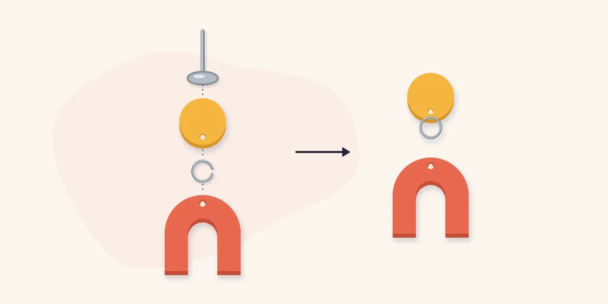 Exploded view of an earring: post, round top piece, jump ring and arch