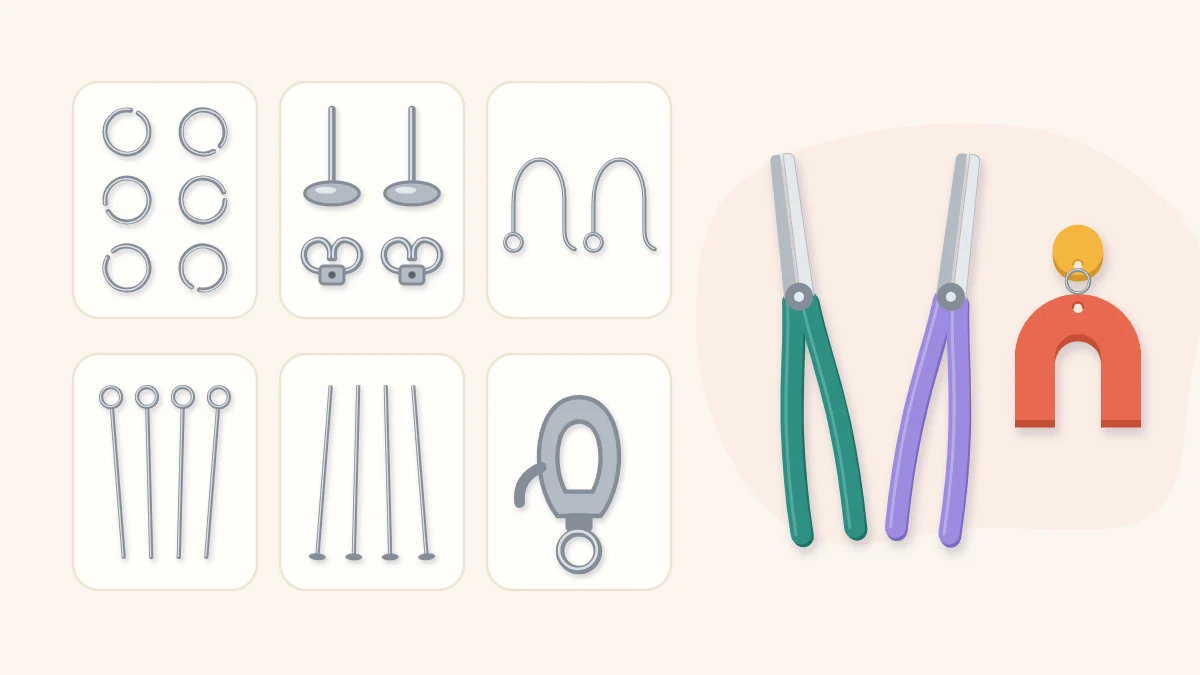 Jewelry findings in groups: jump rings, earring posts, ear wires, eye pins and a clasp, with two pliers